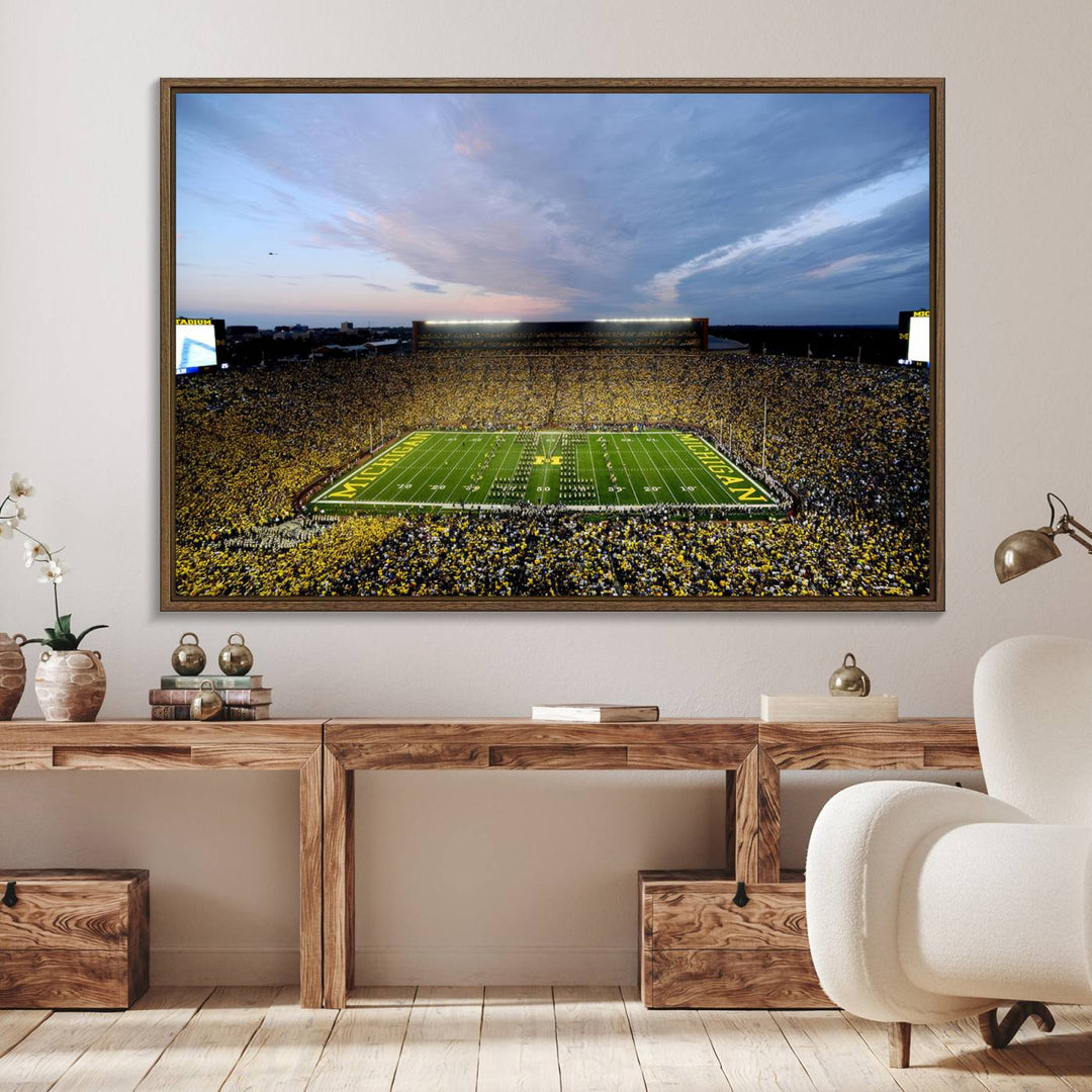 Gallery-quality canvas print of Michigan Stadium at sunset.