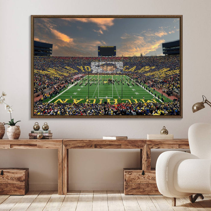 A giant image resembling Michigan Wolverines Wall Art depicts a football field beneath a dramatic sky.