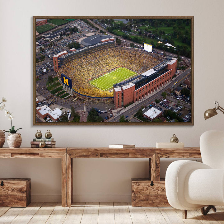 Canvas print featuring an aerial view of Ann Arbor Michigan Stadium filled with Wolverines fans.