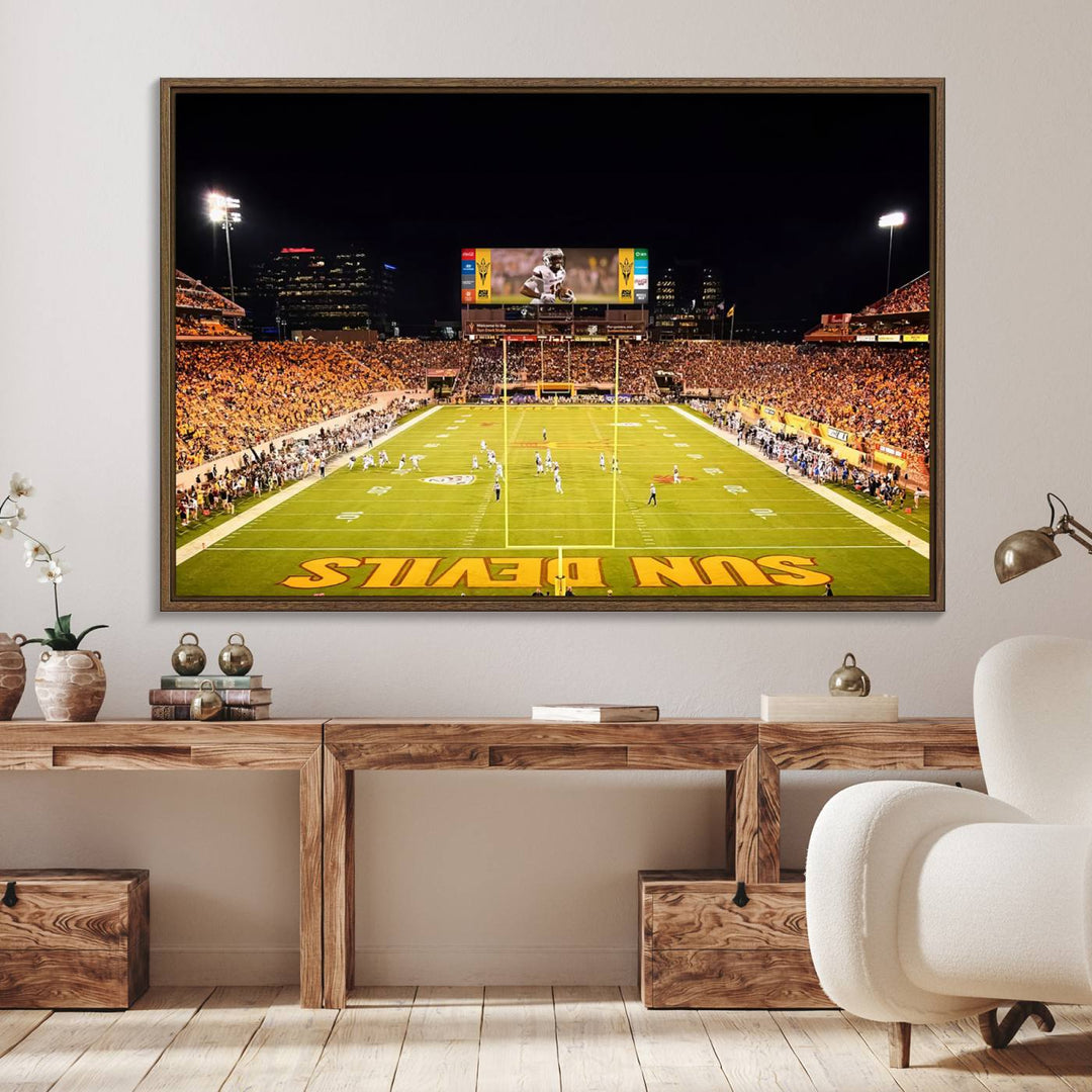 ASU Sun Devils Football Team Print - Wall Art Canvas featuring the Sun Devils end zone at Phoenix Mountain America Stadium.