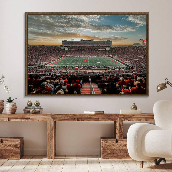 This stunning canvas wall art print features a packed Lincoln Memorial Stadium with the University of Nebraska Cornhuskers at sunset.