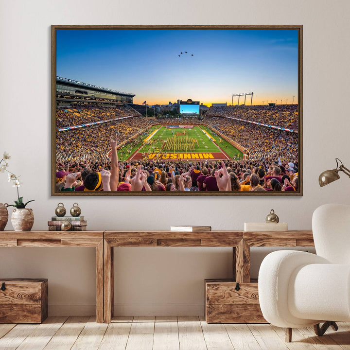 Canvas wall art featuring the University of Minnesota Football Team print, showcasing Huntington Bank Stadium at sunset with jets overhead.