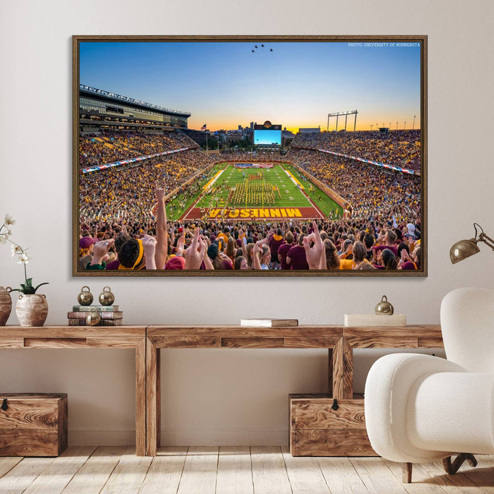 The University of Minnesota Golden Gophers Football Team Print, capturing a sunset scene, is ideal for gallery-quality wall art.