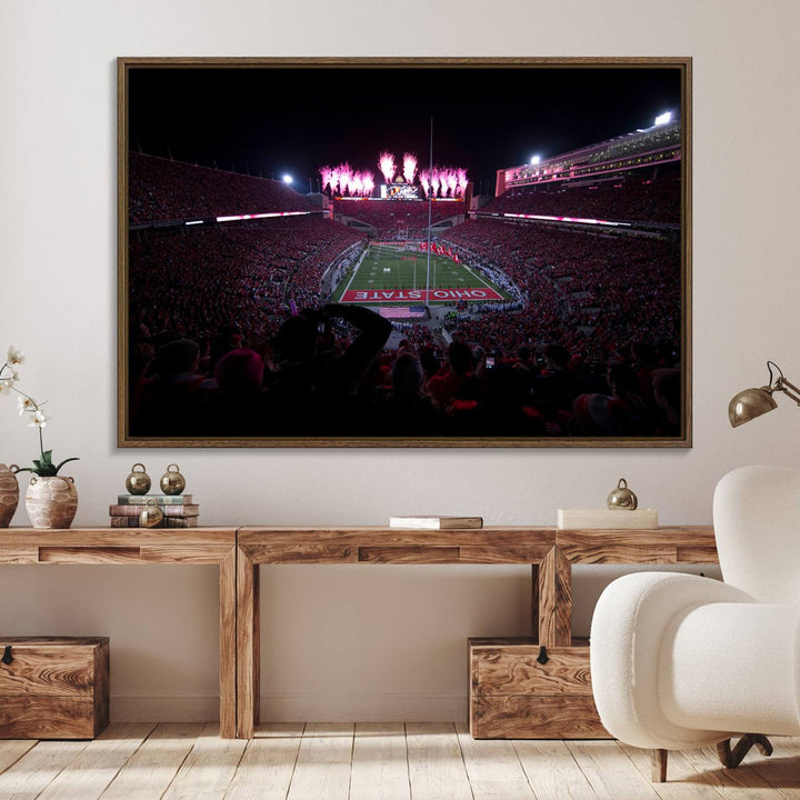 Premium canvas wall art featuring Ohio State University Buckeyes football stadium and fireworks.