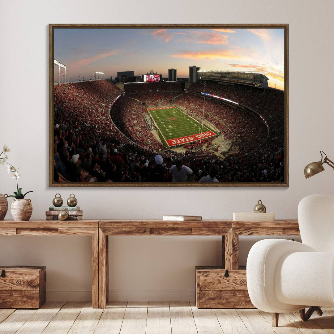 The canvas wall art captures a stunning stadium view of a sunset over Ohio State University Buckeyes football fans.