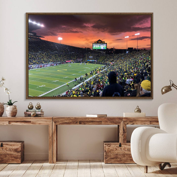 This stunning wall art print captures a vibrant sunset at Eugene Autzen Stadium.