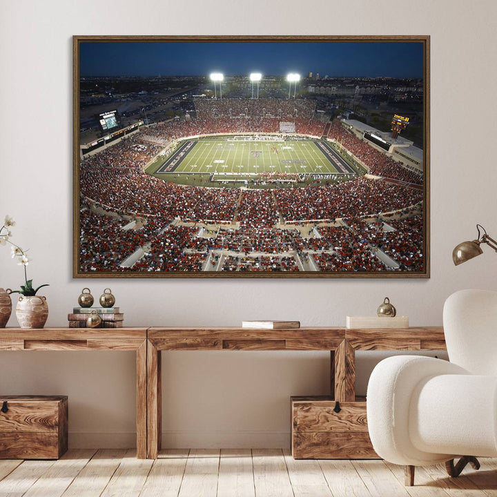 Canvas wall art featuring an aerial view of the Texas Tech Red Raiders packed night game at Lubbock’s Jones AT&T Stadium.