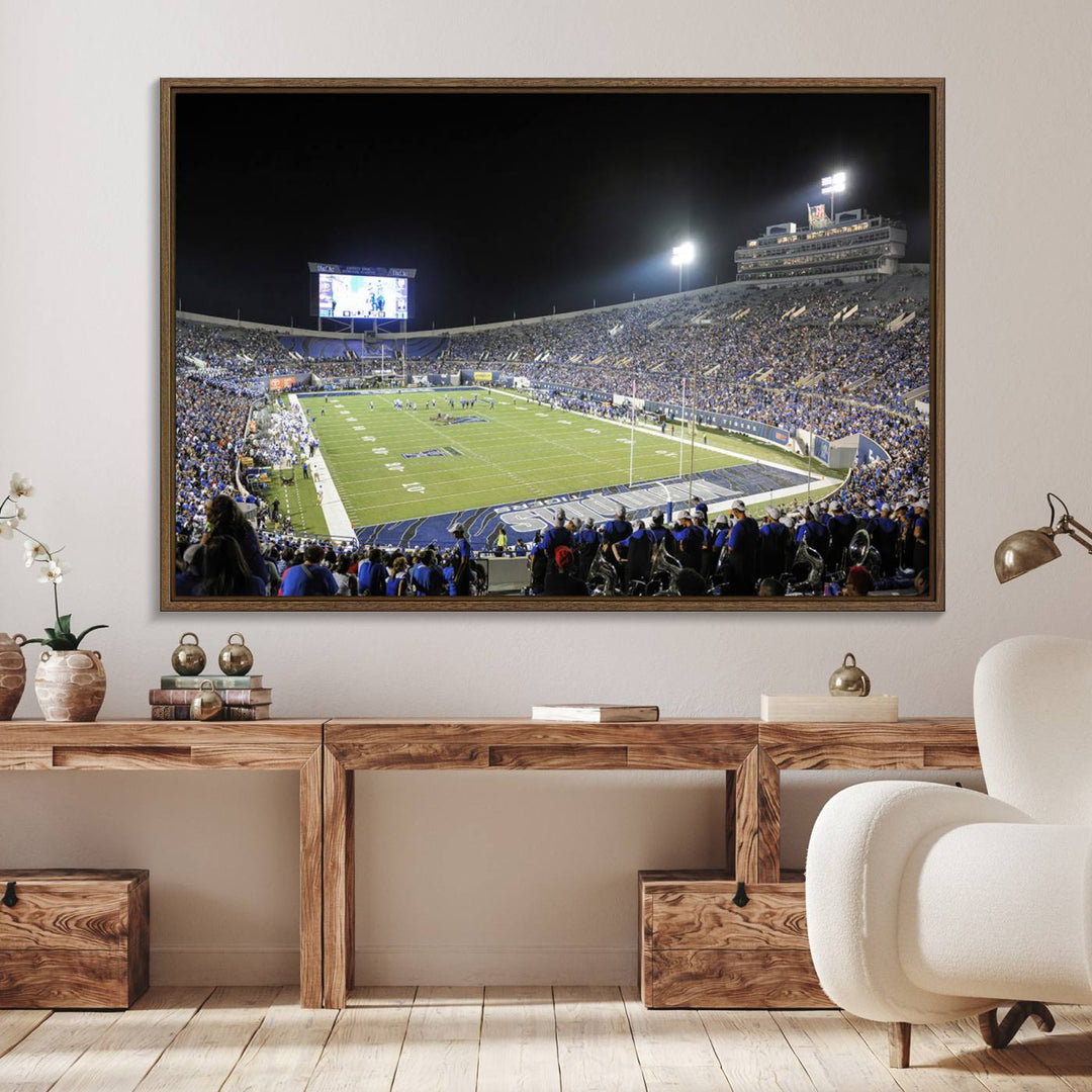 A vibrant depiction of Liberty Stadium at night, highlighting a Tigers football game on the large screen with stands filled with enthusiastic fans.