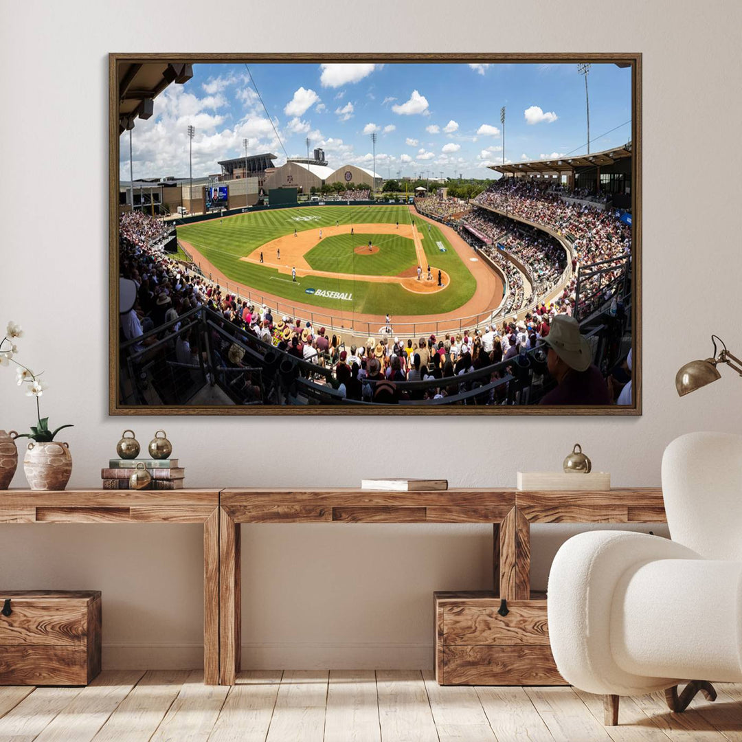 A baseball stadium under a blue sky, capturing the energy of The Texas A&M Aggies Athletics Kyle Field Wall Art.