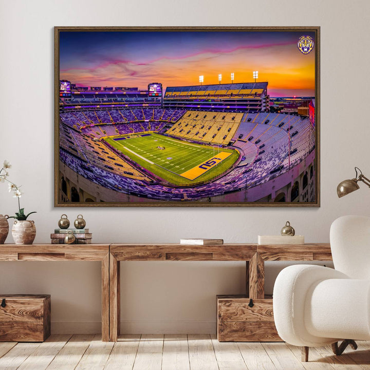 A canvas print of Tiger Stadium at sunset, depicting an empty field and stands, adorns the wall.