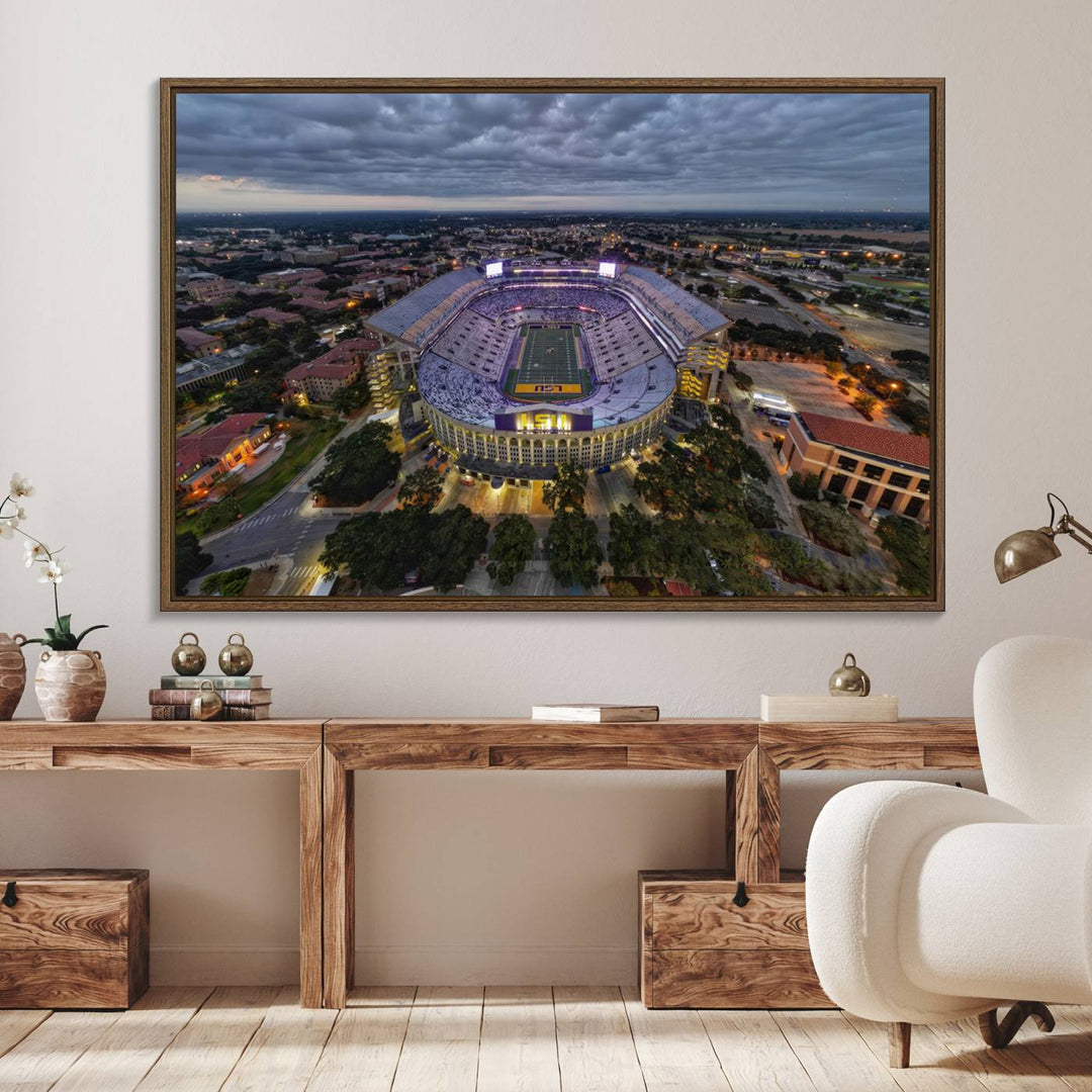 The LSU Tigers Football Team Baton Rouge Tiger Stadium Canvas is displayed prominently, capturing attention with its vivid depiction of the iconic stadium.