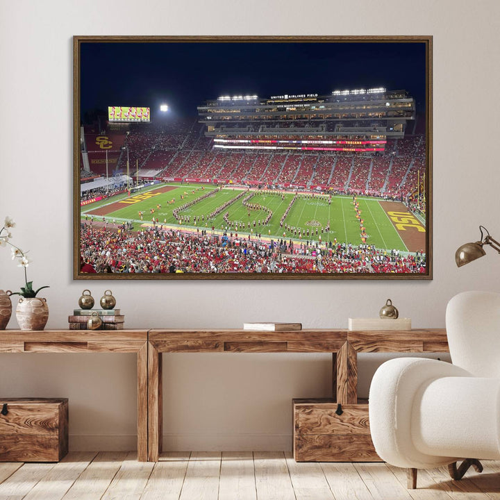 Canvas print depicting a packed stadium at night with a marching band forming USC, celebrating the Trojans at Los Angeles Memorial Coliseum.