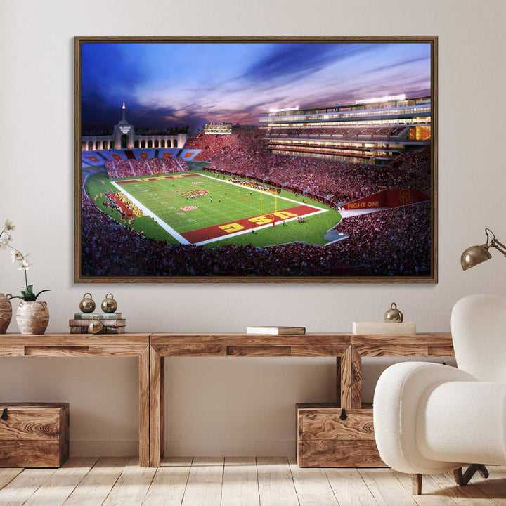 A vibrant painting of fans cheering for The University of Southern California USC Trojans under bright stadium lights.