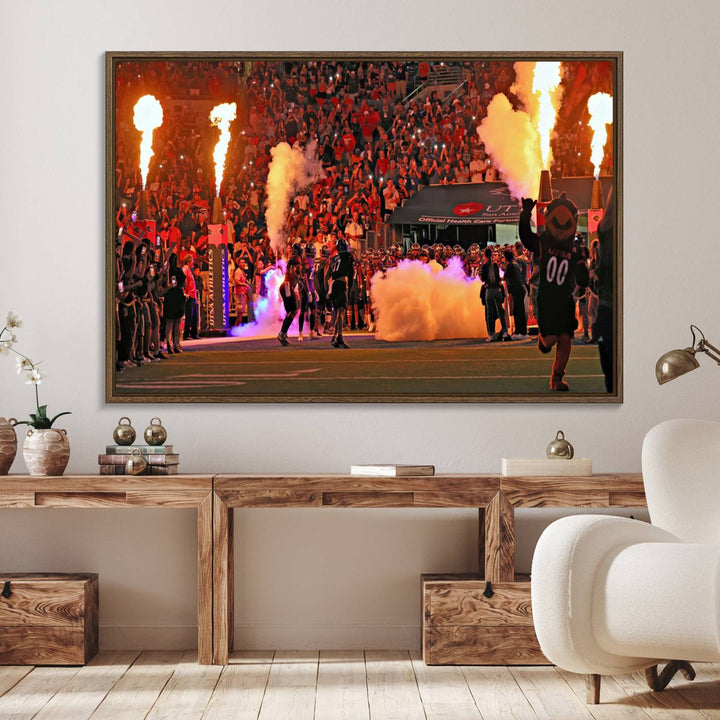 This canvas print captures the UTSA Roadrunners storming the Alamodome under smoke and fire.