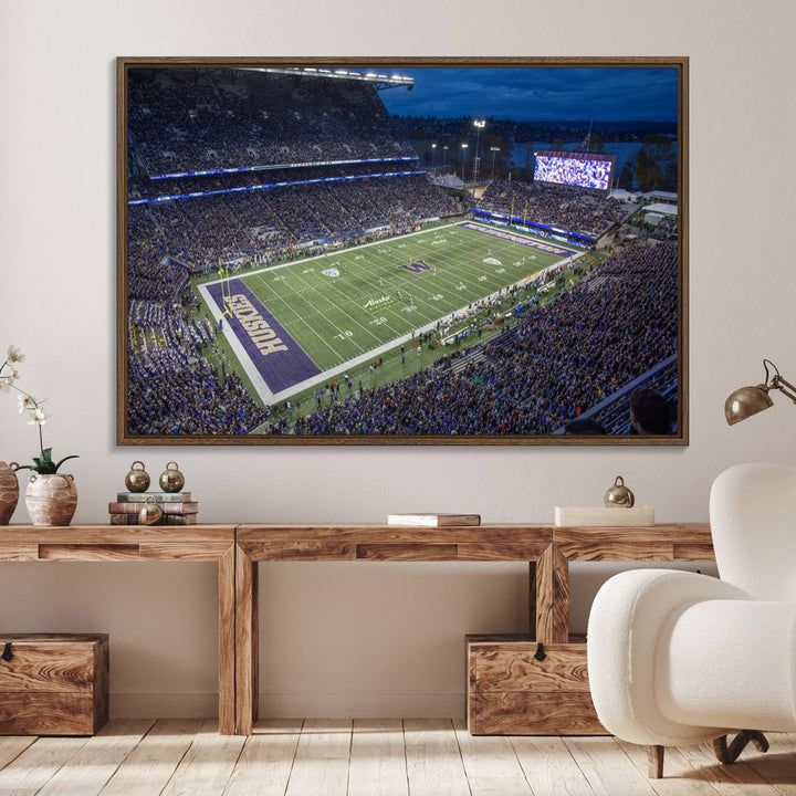 The University of Washington Huskies Football Team Print: Seattle Husky Stadium Wall Art Canvas captures a dusk stadium view.