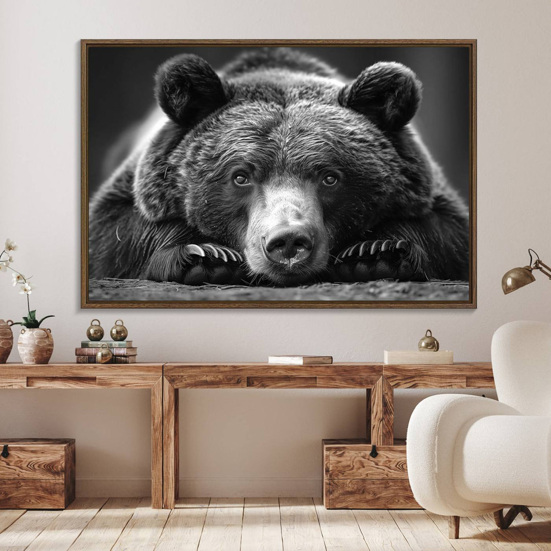 A black and white canvas print titled Resting Grizzly 399 Bear is displayed prominently.