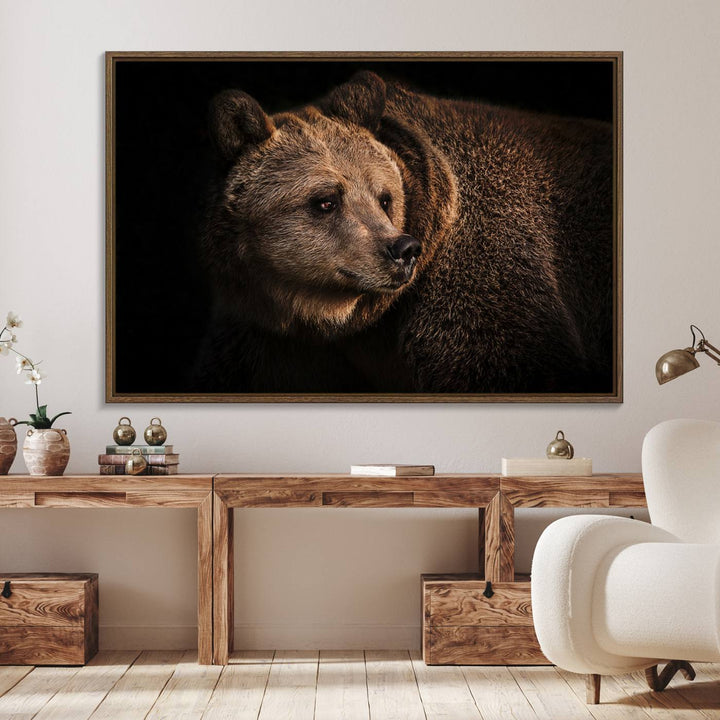 The Wild Grizzly 399 Bear Canvas Wall Art Print enhances modern living rooms with its neutral color palette.
