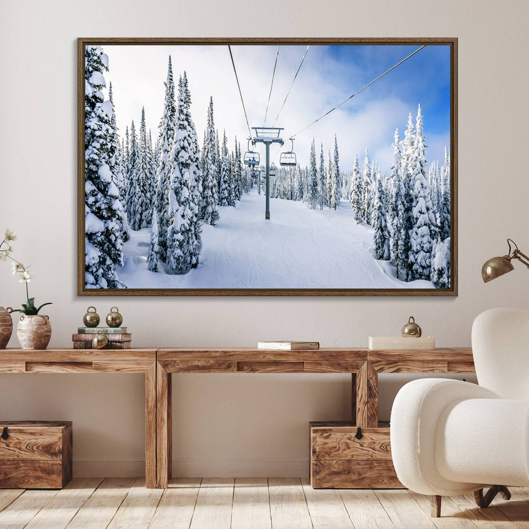 Winter Ski Lift Wall Art Print: Snowy Mountain Adventure, ideal for cabin or farmhouse decor under a clear blue sky.