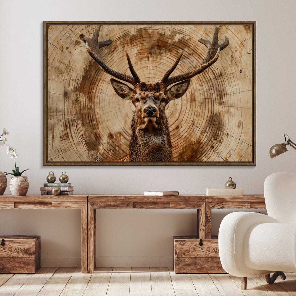 The wall art showcases an abstract deer with large antlers, centered against a rustic backdrop of tree trunk growth rings.