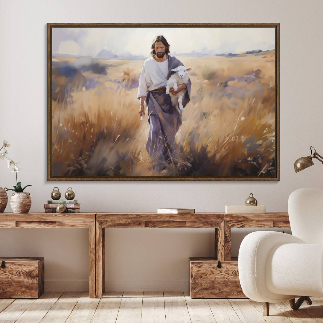 A canvas art piece depicts a bearded man carrying a lamb in a field, reminiscent of Jesus the Good Shepherd, ideal for prayer room decor.