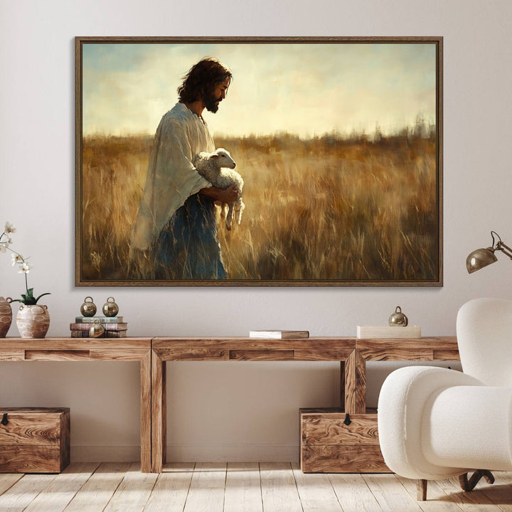 The Jesus the Good Shepherd wall art print depicts Jesus gently holding a lamb under a clear sky.