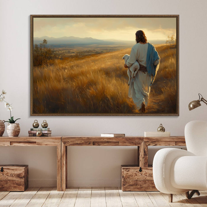 The wall art, titled Jesus the Good Shepherd, depicts a golden field at sunset.