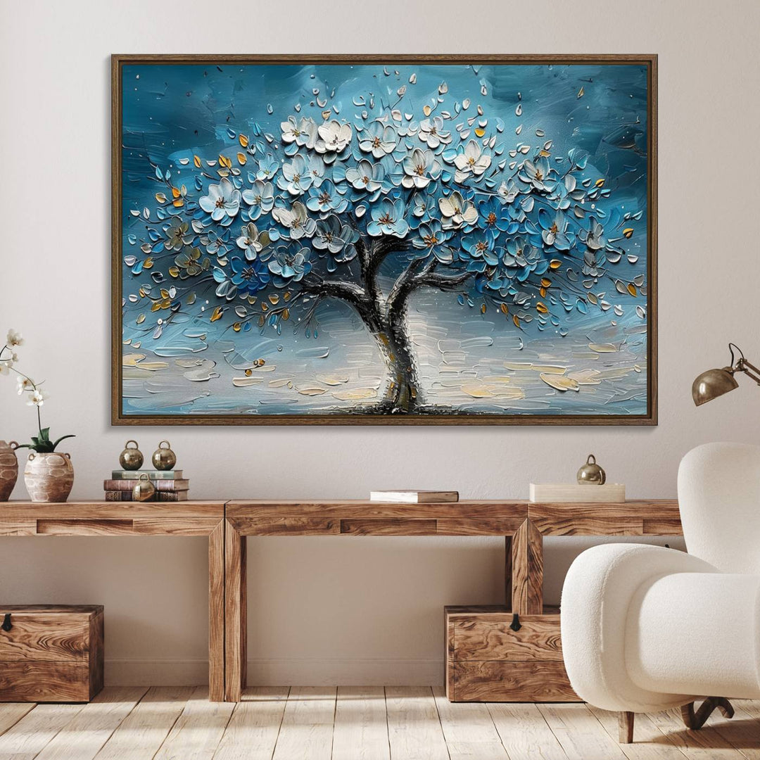 Abstract Blooming Tree Wall Art Print features blue, white, and gold textures on museum-quality canvas, perfect for modern decor.