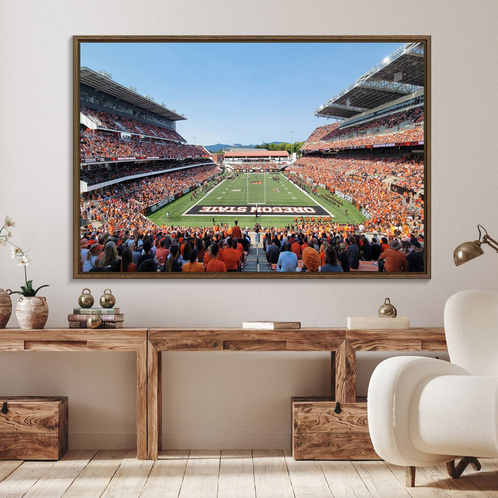 Wide-angle view of Corvallis Reser Stadium with Oregon State field, depicted in Beavers team print canvas art.