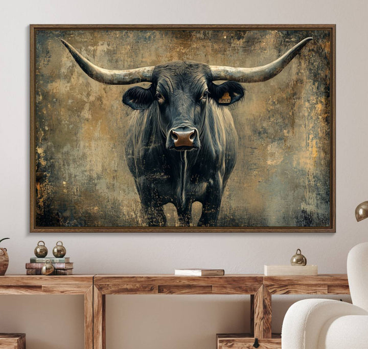 The Longhorn Bull Canvas Print features a bull with prominent horns facing forward, depicted in abstract Texas Western art style.