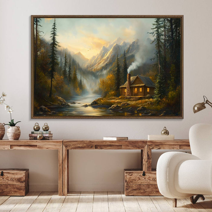 A cozy Wood Cabin Retreat Mountain at Sunset Wall Art features a serene forest and river landscape with smoke rising on a canvas print.