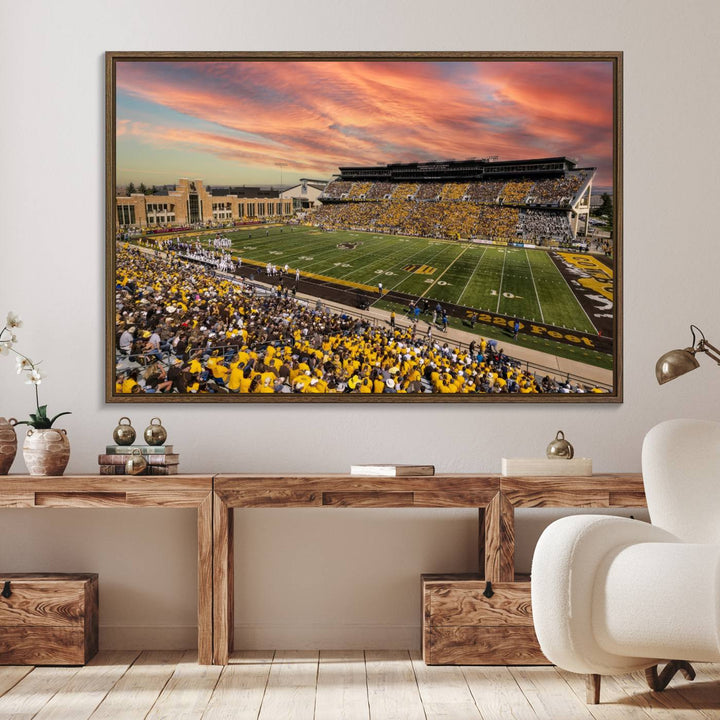 Capture the essence of a packed War Memorial Stadium at sunset with the Cowboys Football Canvas Print, highlighting fans cheering in yellow.