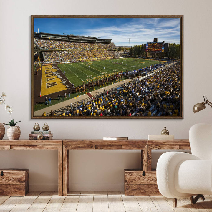 Canvas Wall Art Print: University of Wyoming Cowboys action at Jonah Field War Memorial Stadium under a sunny blue sky.