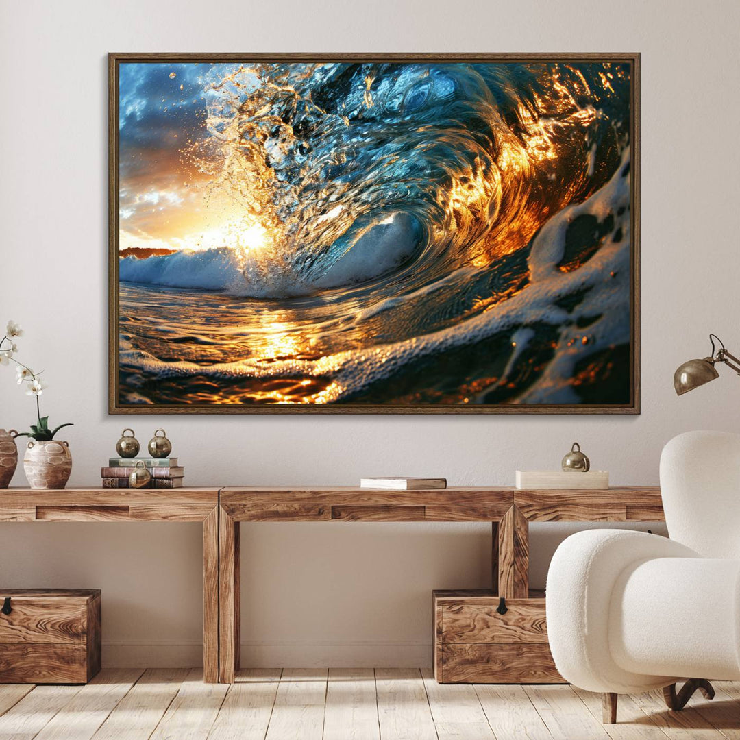 The Ocean Wave at Sunset canvas captures fiery waves with golden and blue hues, making it a perfect addition to nautical-themed decor.