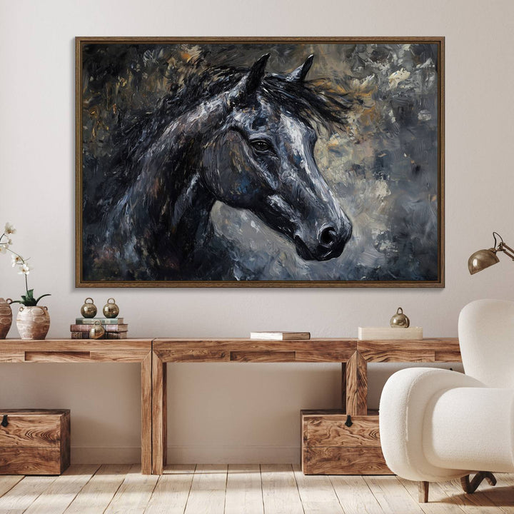 Abstract Horse Wall Art Canvas: A dark horses head and flowing mane set against a textured, muted background.