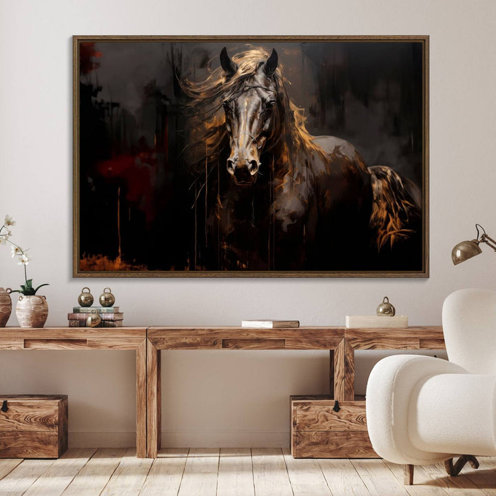 Abstract Black Horse Canvas Print – Featuring an equine spirit with a flowing mane on a dark background, perfect as farmhouse wall art.