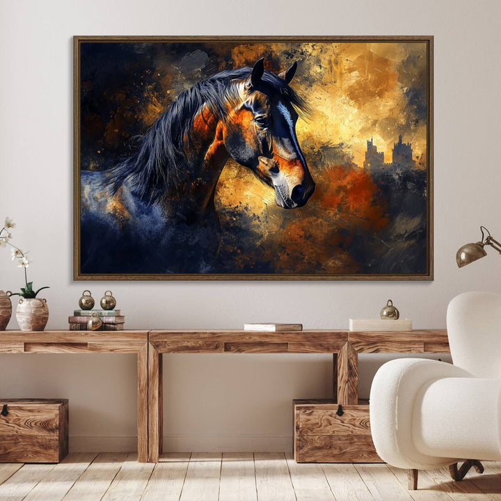 Abstract Horse Art Print on canvas, featuring a colorful background, perfect for rustic farmhouse or equestrian decor.