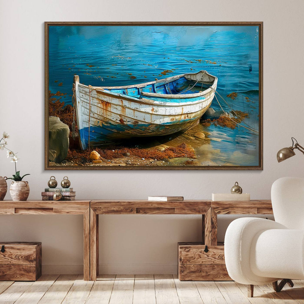 Vintage boat on tranquil waters—rustic triptych canvas print ideal for nautical or coastal wall art.