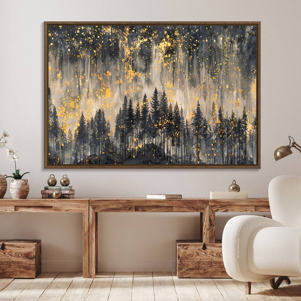 Golden Forest Abstract Wall Art: A dark forest with gold splatter, ideal as a triptych canvas print for modern home decor.