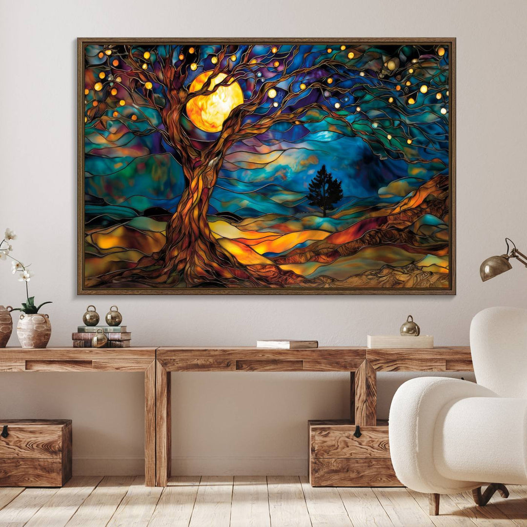 The vibrant Yggdrasil Tree of Life Wall Art depicts a moonlit tree.