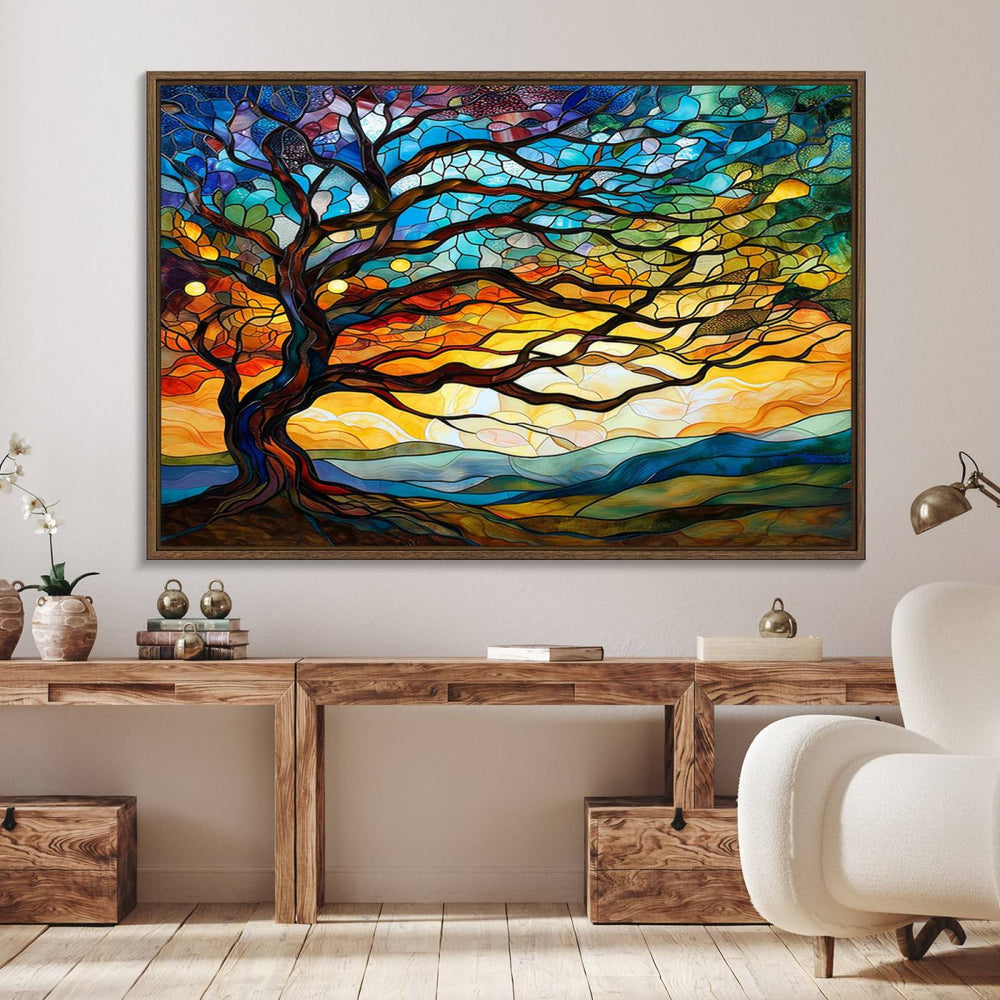 The Mosaic Tree Wall Art features a vibrant sunset, capturing natures beauty.