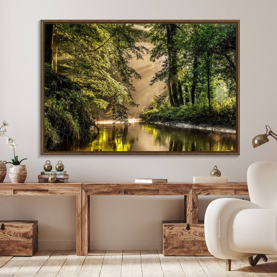 Forest Wall Art Print: A river landscape bathed in sunlight, perfect for rustic decor or as wall art for farmhouses and cabins.