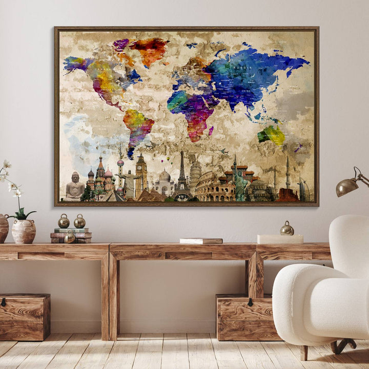 Artistic world map featuring landmarks like the Eiffel Tower, printed on premium wall art for office or living space.