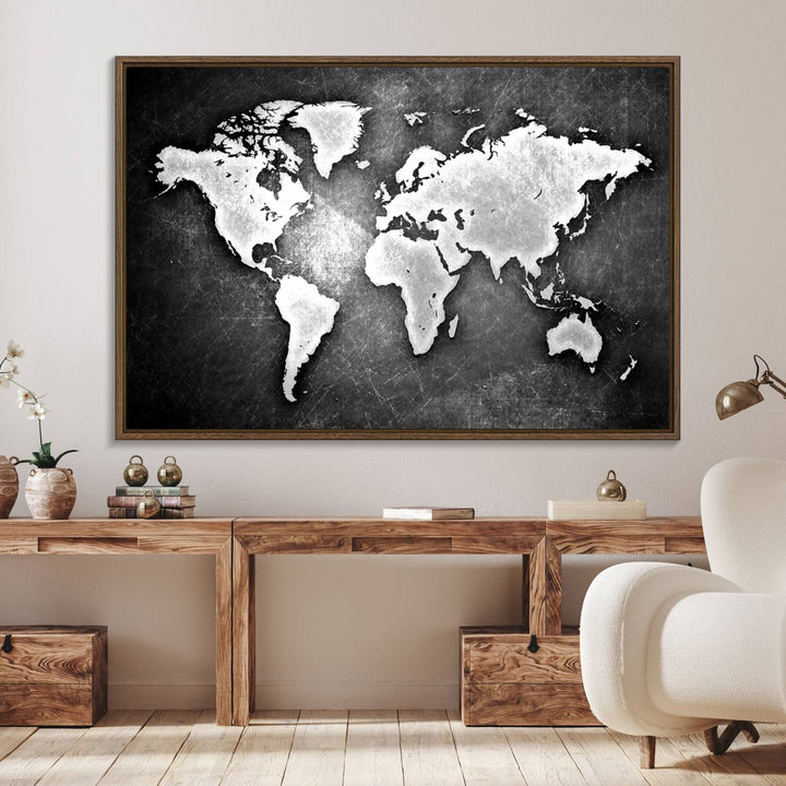 Black & White 3-Panel Framed World Map Canvas Art with Grunge Design.