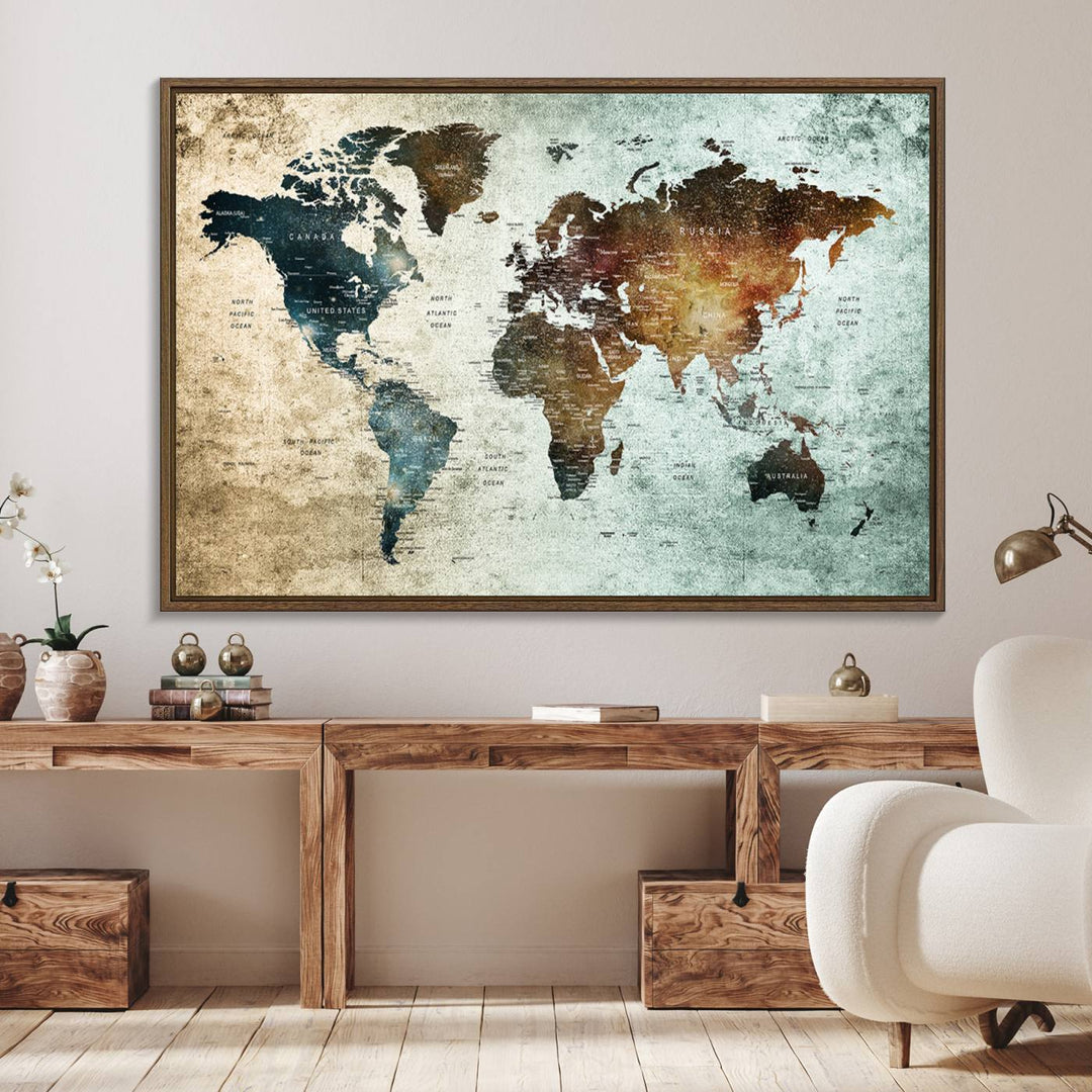 The Push Pin World Map Canvas Print serves as an ideal piece of wall art for travel lovers, showcasing vibrant colors and intricate details.