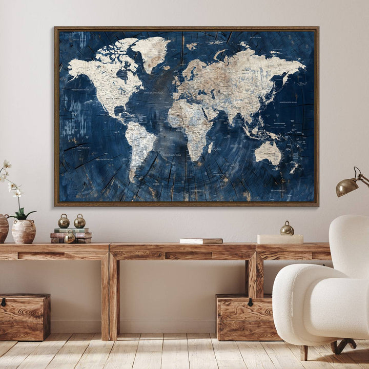 Rustic World Map Wall Art Canvas: Features a vintage blue design with a wood texture, highlighting continents in light hues.