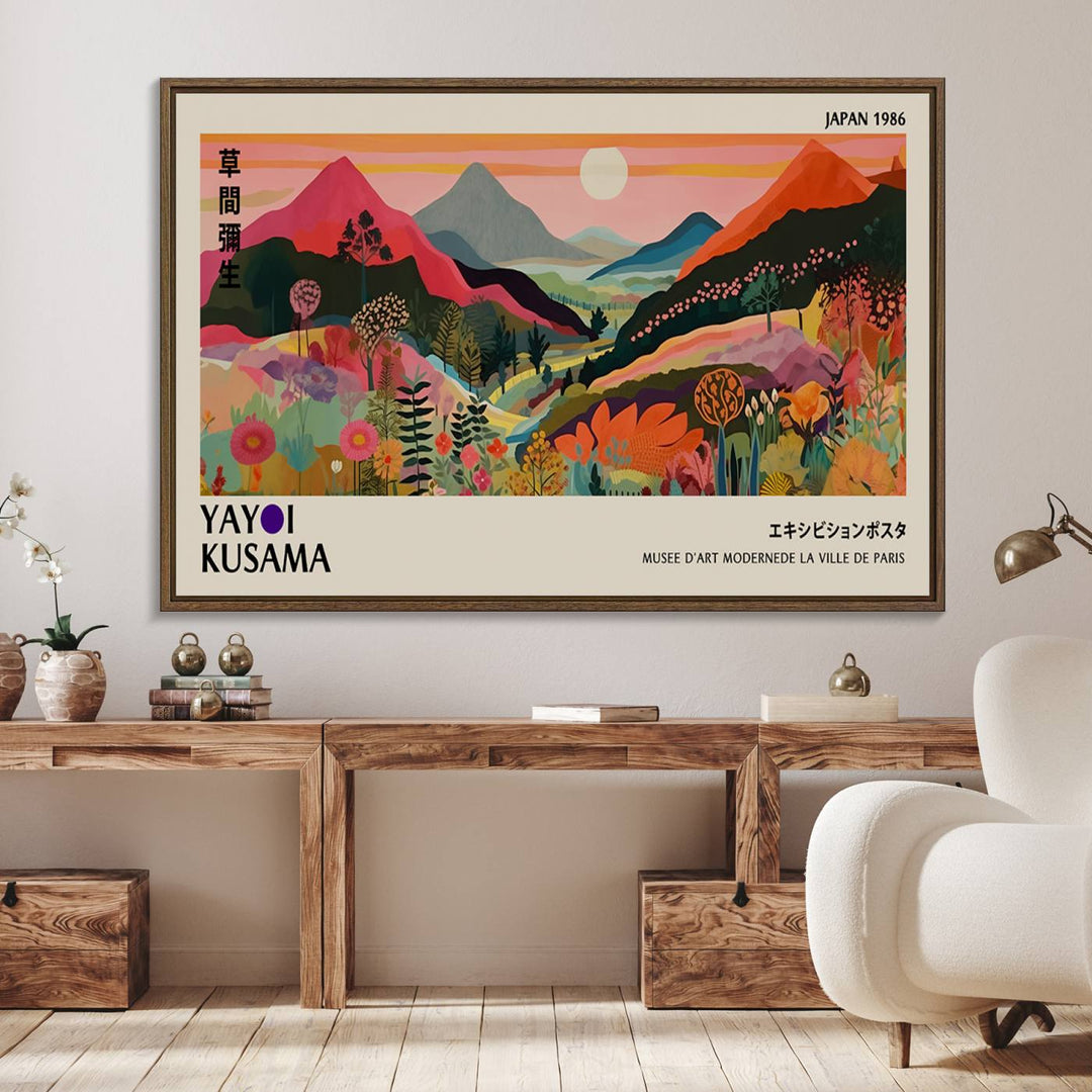 A vibrant abstract landscape by Yayoi Kusama adorns a Wabi Sabi ready-to-hang canvas print, featuring mountains and flowers.