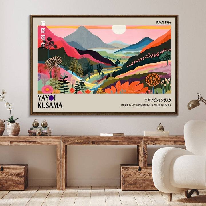 Vibrant abstract landscape canvas inspired by Yayoi Kusama, featuring mountains, trees, and flowers in a triptych style.