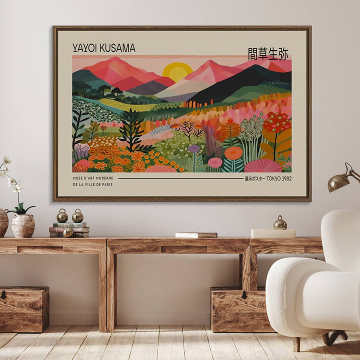 A vibrant abstract triptych features mountains, a sun, and plants in Yayoi Kusamas style with Japanese and French text included.