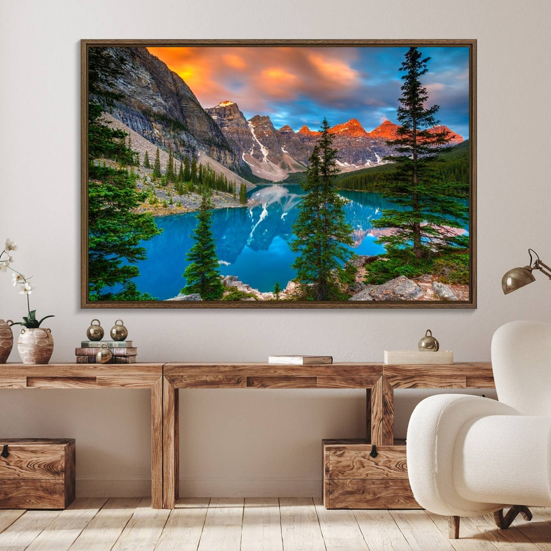 A kitchen featuring a Canadian Rockies Moraine Lake Wall Art Canvas Print displayed on the wall.