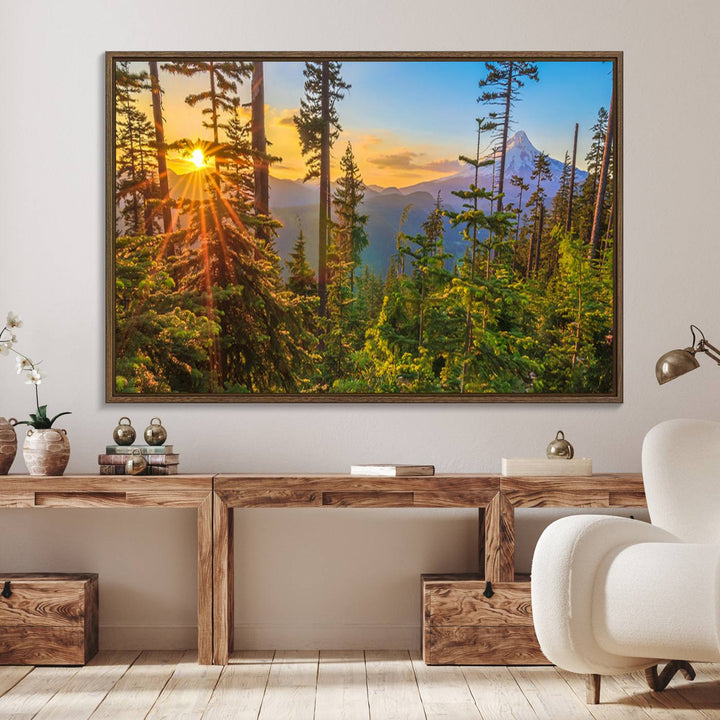 The kitchen features a Red Leaves on Trees landscape canvas print, perfect for nature lovers.